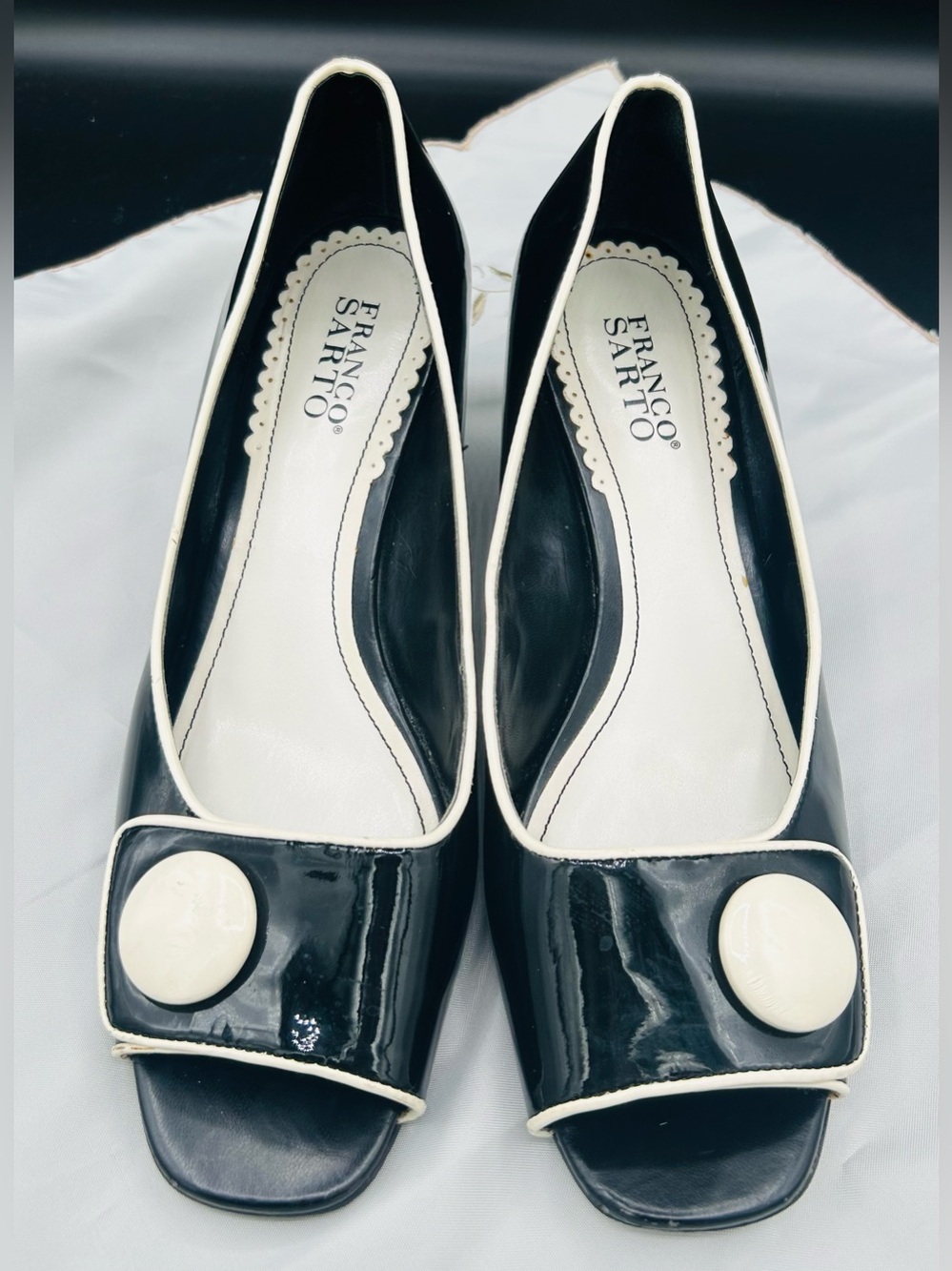 Franco Sarto Black and White Trim Patent Peep-Toe Pumps